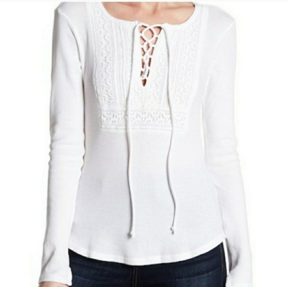 Lucky Brand thermal Lace-up white top with Lace insert, Size M